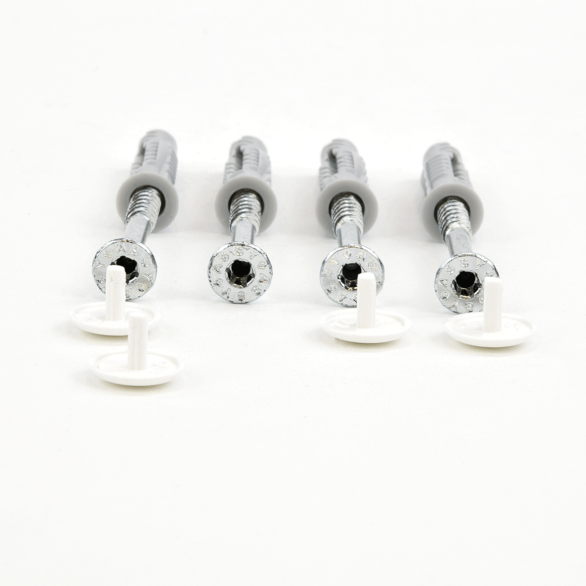 Schraubenset zur Schilderbefestigung (Wandmontage) (je 4 Schrauben, Dübel und weiße Abdeckkappen)