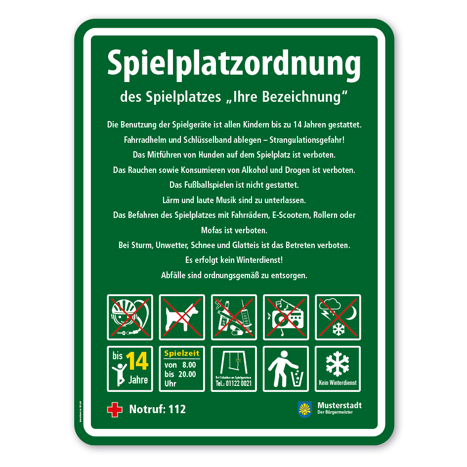 Spielplatzschild - Spielplatzordnung - mit 10 frei zu wählenden Piktogrammen – Schilderserie SP-03
