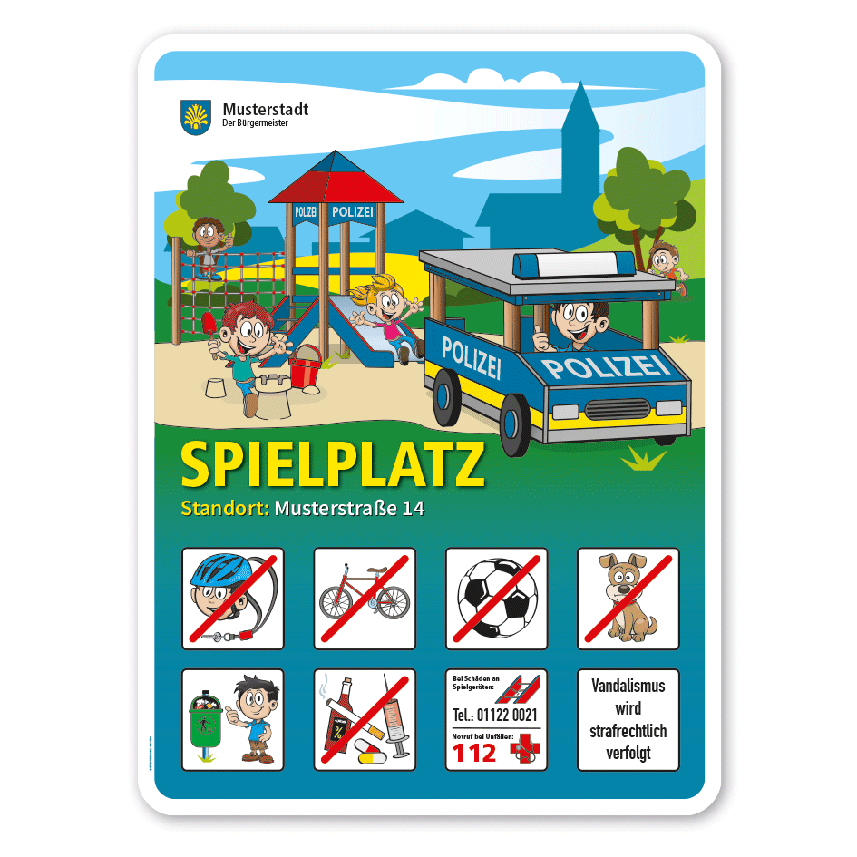 Spielplatzschild Polizeispielplatz - Rutsche - Sandkasten - Polizeiauto - mit 8 frei zu wählenden Piktogrammen – Schilderserie SP-01