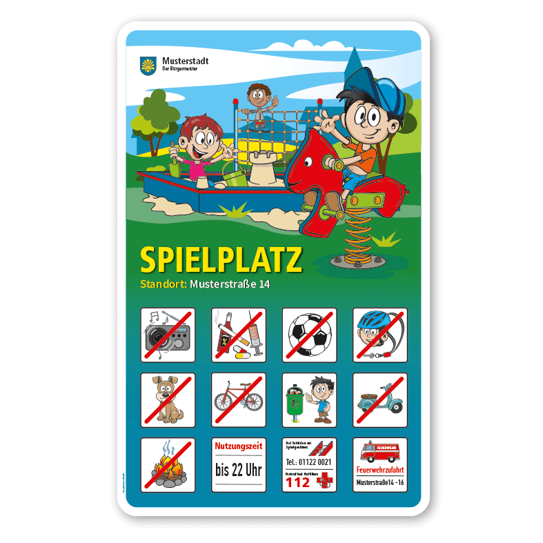 Spielplatzschild Spielplatz Federwippe mit 12 frei zu wählenden Piktogrammen – Schilderserie SP-01