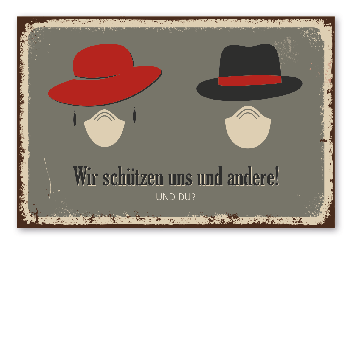 Retroschild / Vintage-Schild Wir schützen uns und andere. Und du? - origineller Hinweis zum Tragen vom Mund- und Nasenschutz