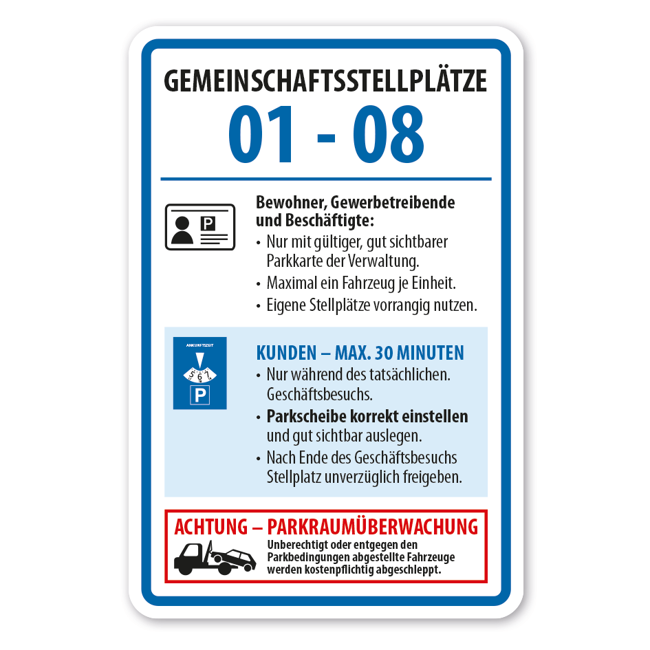 Hinweisschild Gemeinschaftsstellplätze 01 - 08 - Parkregeln - mit Ihren individuellen Angaben