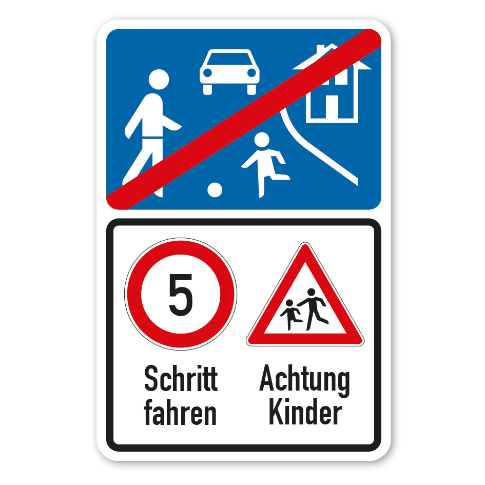 Schild zur Verkehrsberuhigung - Verkehrsberuhigter Bereich - 5 km/h - Achtung Kinder - Ende - Kombi