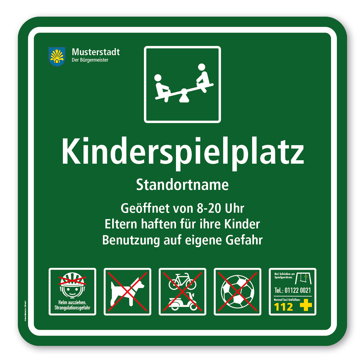 Spielplatzschild - Kinderspielplatz - mit Wippe - mit 5 frei zu wählenden Piktogrammen - quadratisch – Schilderserie SP-03