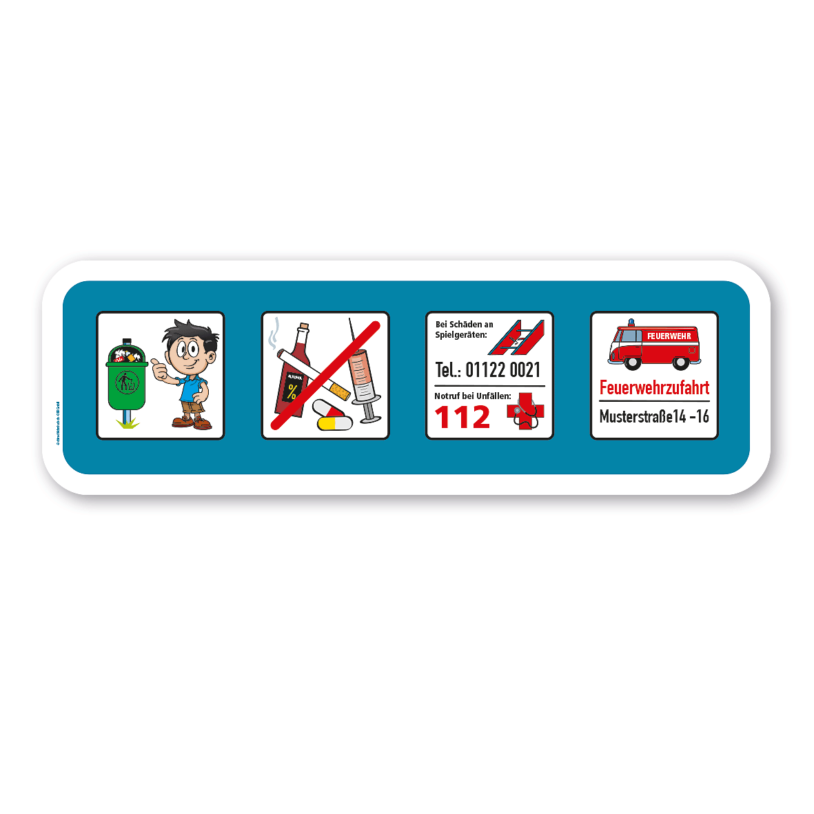 Spielplatzschild Zusatzschild mit 4 frei zu wählenden Piktogrammen – Schilderserie SP-01