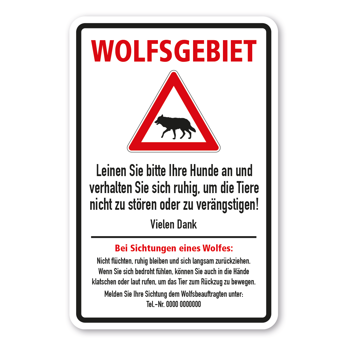 Warnschild Wolfsgebiet mit Verhaltenshinweisen und Tel-Nr. des Wolfsbeauftragten - Kombi