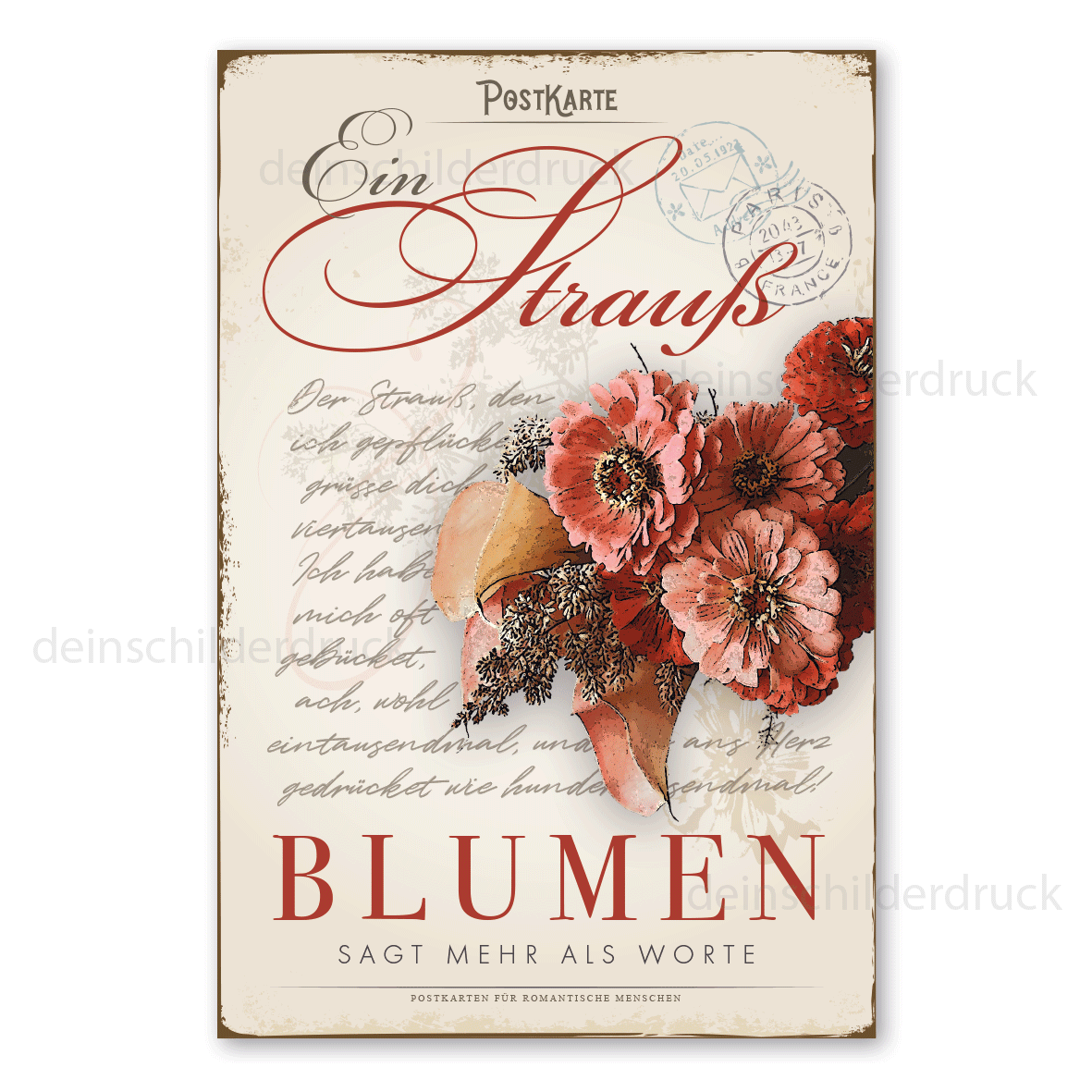 Retro Schild im Stil einer nostalgischen Postkarte - Ein Strauß Blumen sagt mehr als Worte - auch mit Ihrem Wunschtext