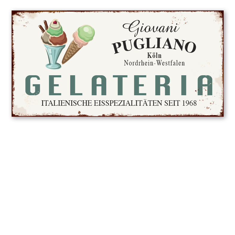 Retro Farmhouse-Schild Gelateria - Italienische Eisspezialitäten - mit Ihrem Namen, Standort und Jahresangabe