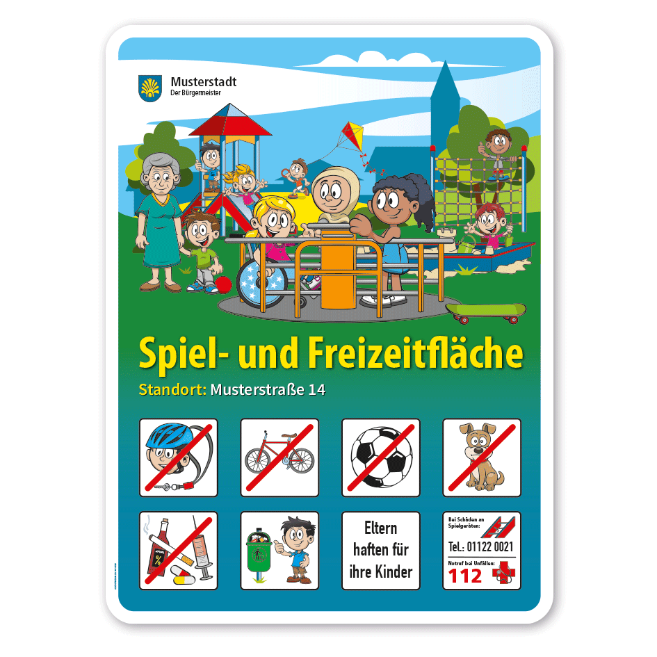 Spielplatzschild Spiel- und Freizeitfläche mit Rollstuhlkarussell - Rutsche - Sandkasten - mit 8 frei zu wählenden Piktogrammen – Schilderserie SP-01