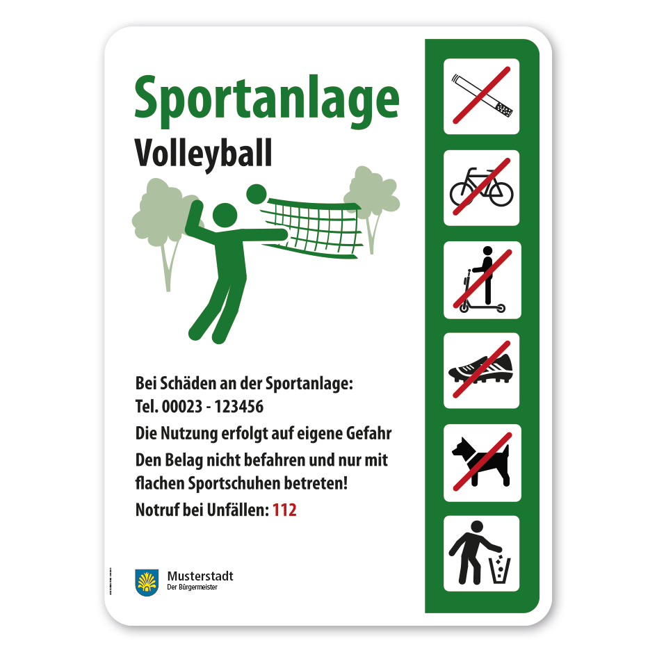 Spielplatzschild - Sportanlage Volleyball mit 6 frei zu wählenden Piktogrammen – Schilderserie SP-05