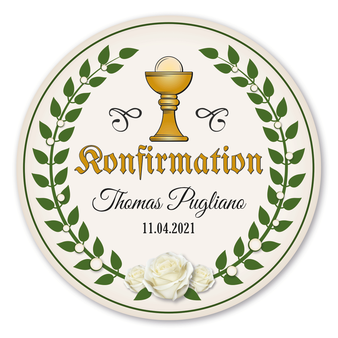 Festliches Schild für die Konfirmation – mit Hostienkelch (Ziborium) – mit Eindruck des Namens und Datums