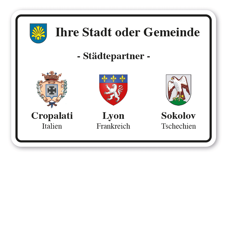 Hinweisschild zur Städtepartnerschaft nach Ihren Angaben - mit drei Partnerstädten und Partnerwappen – weiß - Querformat