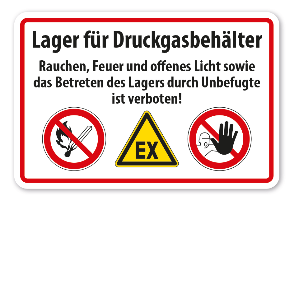 Sicherheitsschild Lager für Druckgasbehälter - Rauchen, Feuer und offenes Licht sowie das Betreten des Lagers durch Unbefugte ist verboten
