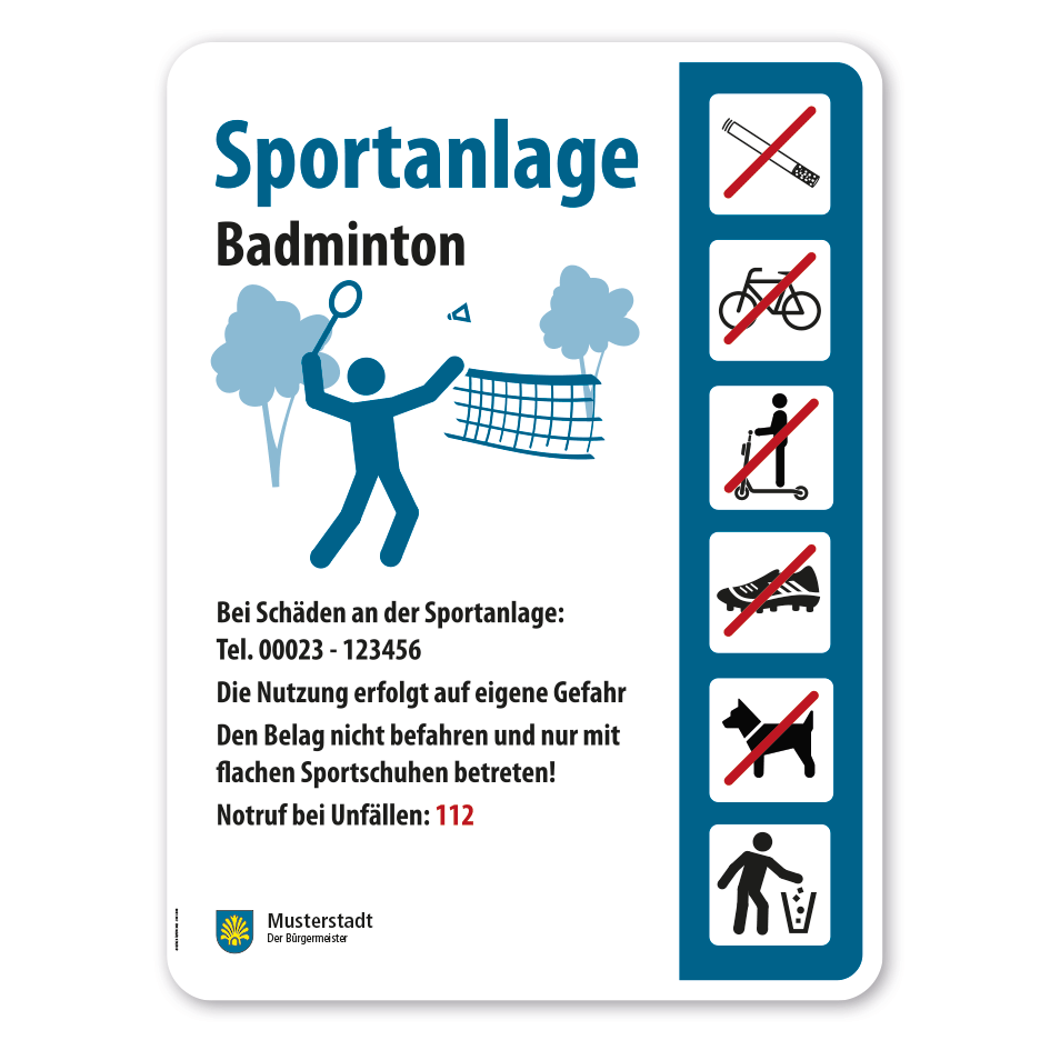 Spielplatzschild - Sportanlage Badminton mit 6 frei zu wählenden Piktogrammen – Schilderserie SP-05