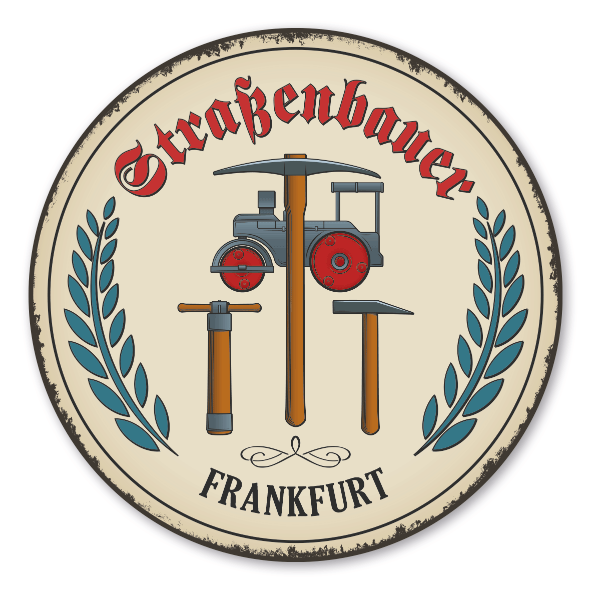 Maibaumschild / Festschild mit Zunftwappen Straßenbauer - mit Zunftnamen und Ihrem Ortsnamen oder Wunschtext - Rundes Wappen - Retro