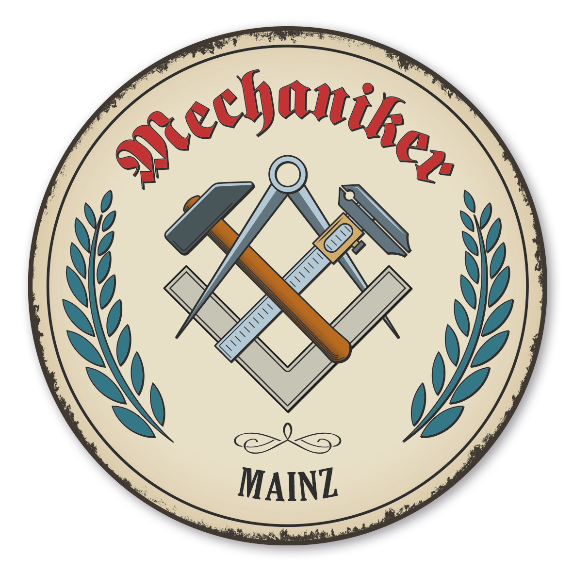 Maibaumschild / Festschild mit Zunftwappen Mechaniker - mit Zunftnamen und Ihrem Ortsnamen oder Wunschtext - Rundes Wappen - Retro