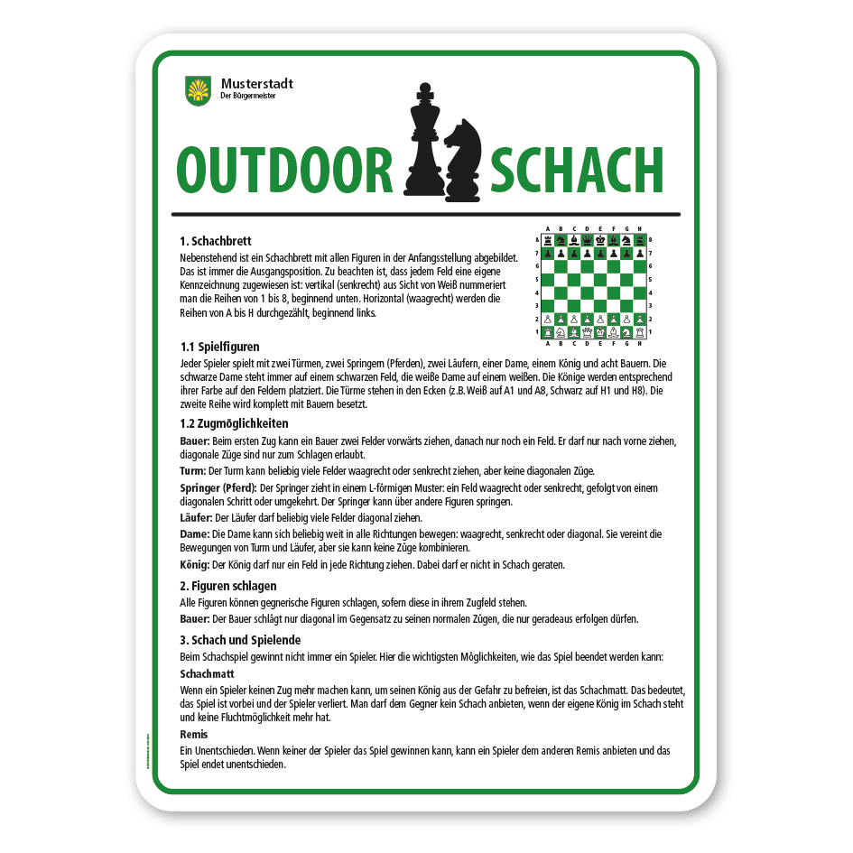 Sportplatzschild Outdoor Schach - mit Spielregeln – Schilderserie SP-02-B