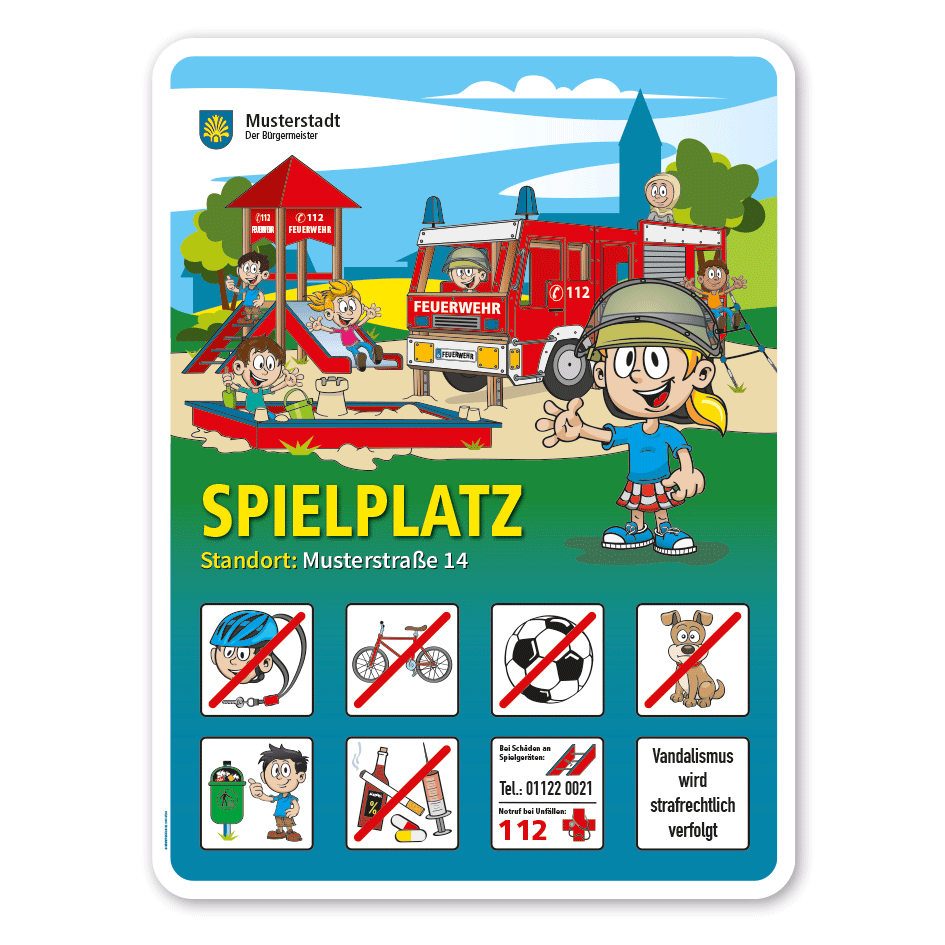 Spielplatzschild Feuerwehrspielplatz - Rutsche - Sandkasten - Feuerwehrauto - mit 8 frei zu wählenden Piktogrammen – Schilderserie SP-01