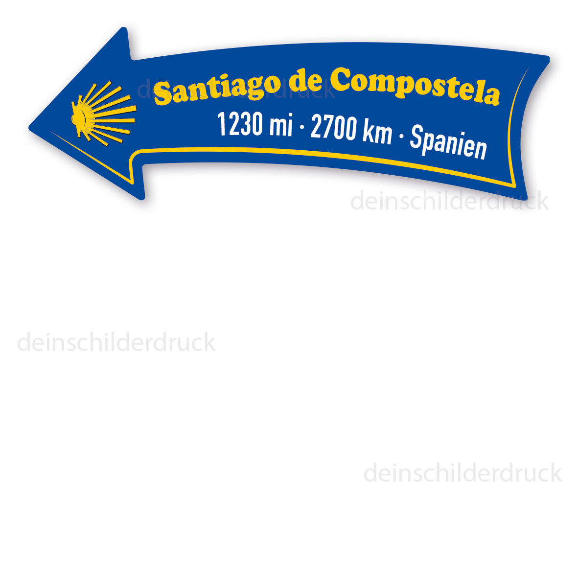 Wegweiser / Pfeilschild Santiago de Compostela mit Ihrer Entfernungsangabe – gebogen
