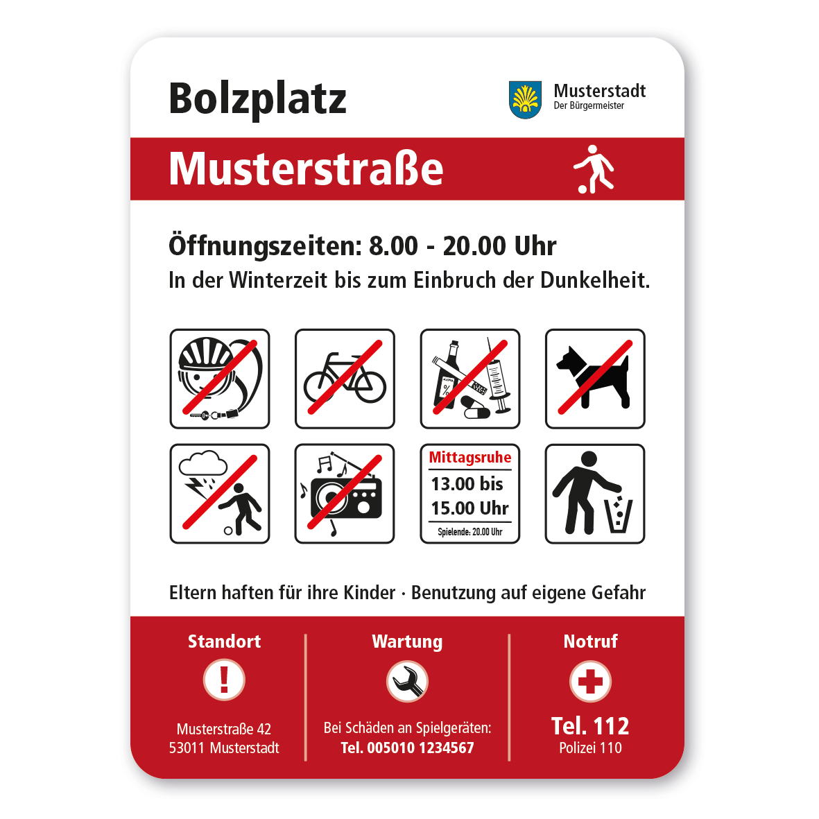 Bolzplatzkennzeichnung Bolzplatz mit 8 frei zu wählenden Piktogrammen – Spielplatzschild der Serie SP-02-C