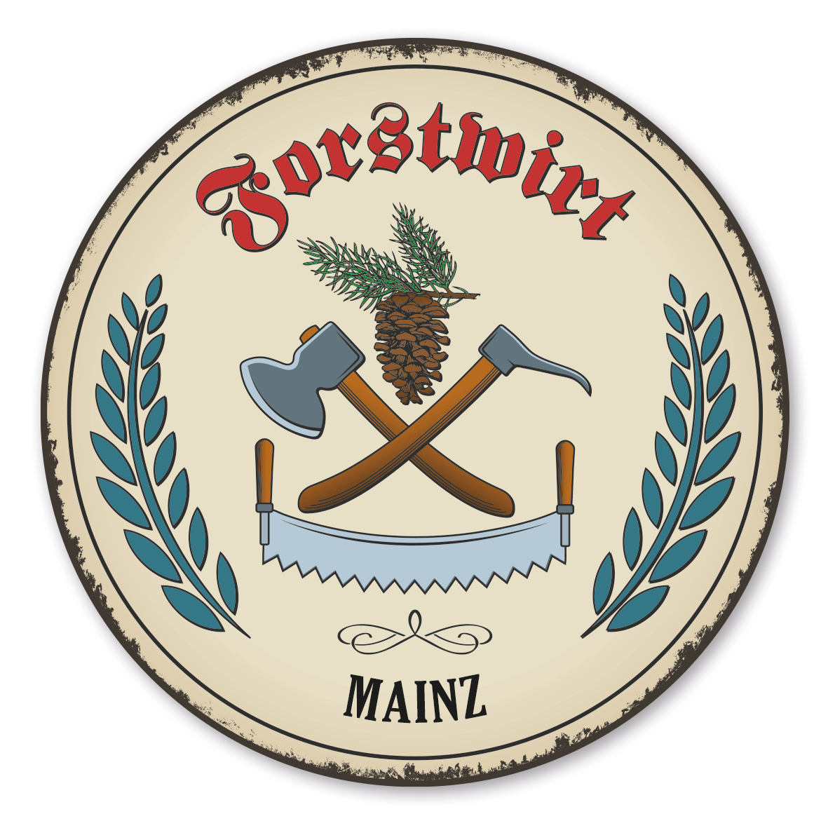 Maibaumschild / Festschild mit Zunftwappen Forstwirt - mit Säge und Zapfen - mit Zunftnamen und Ihrem Ortsnamen oder Wunschtext - Rundes Wappen - Retro