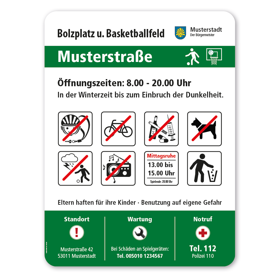 Spielplatzkennzeichnung Bolzplatz und Basketballfeld mit 8 frei zu wählenden Piktogrammen – Spielplatzschild der Serie SP-02-C