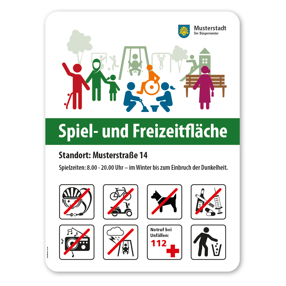 Spielplatzschild Spiel- und Freizeitfläche - mit 8 frei zu wählenden Piktogrammen – Schilderserie SP-02-B