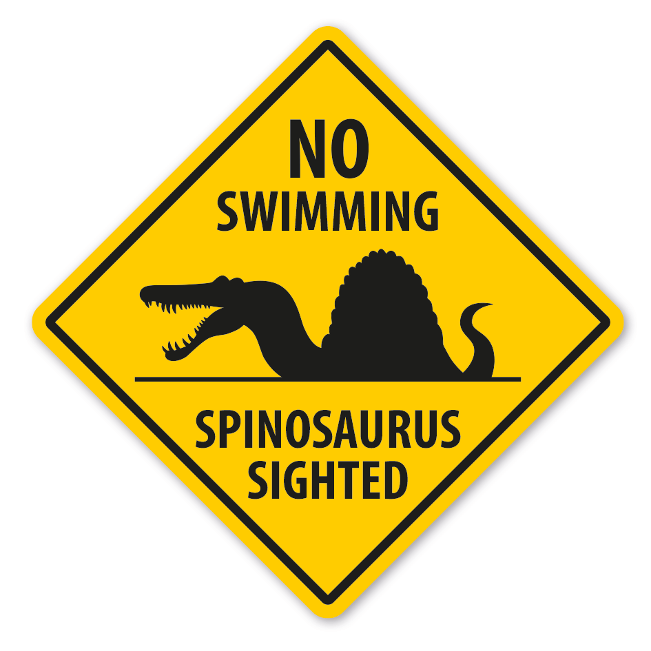 Warnschild No swimming - Spinosaurus sighted
