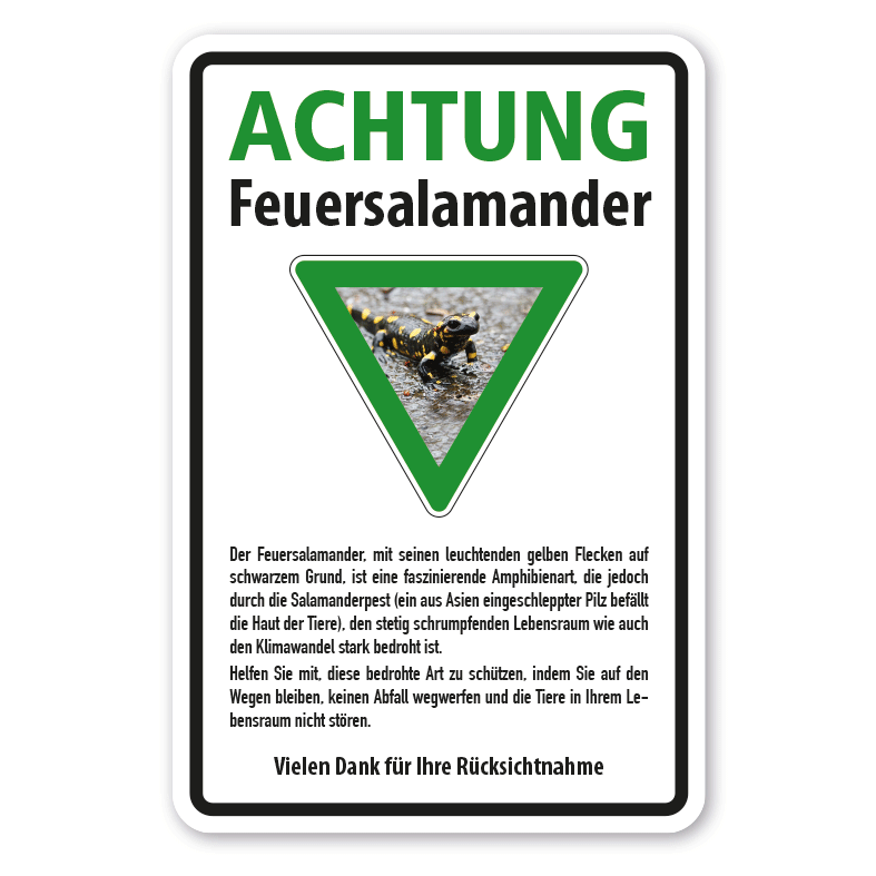 Hinweisschild Achtung Feuersalamander - mit Informationen