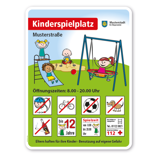 Spielplatzschild Kinderspielplatz - Nestschaukel, Rutsche, Sandkasten - mit 8 frei zu wählenden Piktogrammen – Schilderserie SP-04