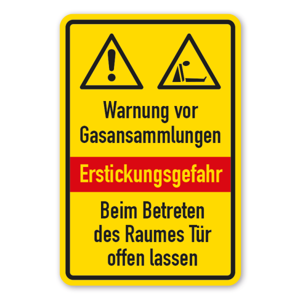 Warnschild Warnung vor Gasansammlungen - Erstickungsgefahr - Beim Betreten des Raumes Tür offen lassen