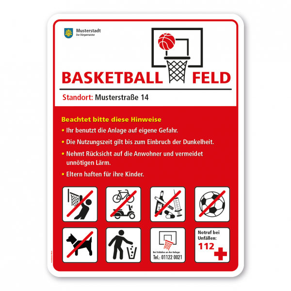 Sportplatzschild - Basketball-Feld mit 8 frei zu wählenden Piktogrammen – Schilderserie SP-02-B