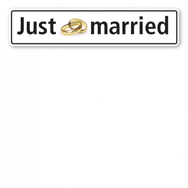Hochzeitsschild Just married – mit goldenen Ringen