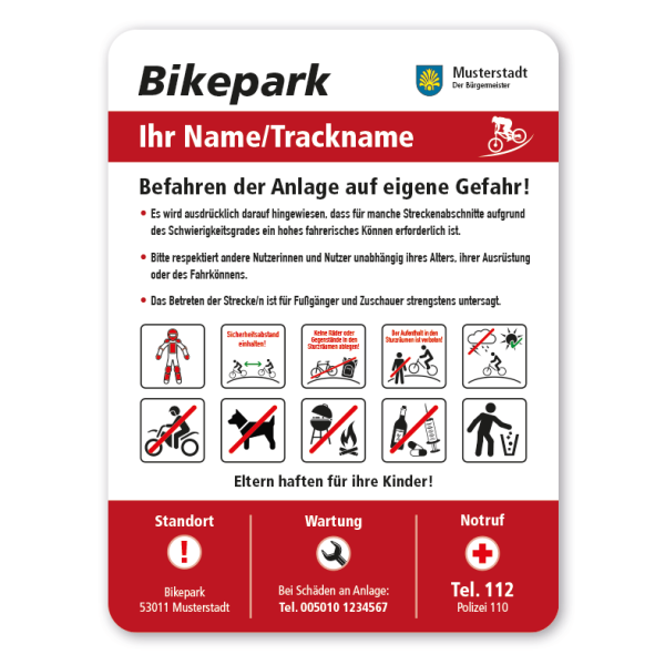 Hinweisschild für Fahrradstrecken Bikepark - mit 10 frei zu wählenden Piktogrammen – Serie SP-02-C