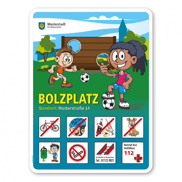 Spielplatzschild - Bolzplatzschild mit 8 frei zu wählenden Piktogrammen - Bolzwand – Schilderserie SP-01