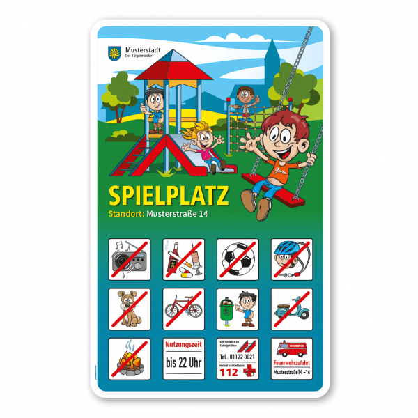 Spielplatzschild Spielplatz mit 12 frei zu wählenden Piktogrammen – Schilderserie SP-01