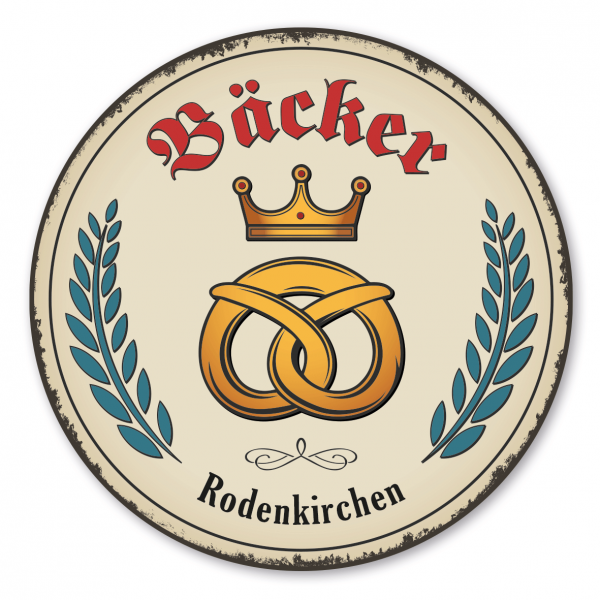 Maibaumschild / Festschild mit Zunftwappen Bäcker - mit Zunftnamen und Ihrem Ortsnamen oder Wunschtext - Rundes Wappen - Retro