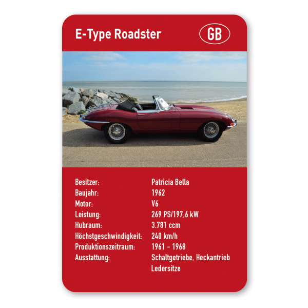 Steckbrief für Fahrzeuge im Quartettkarten-Stil mit Ihrem Photo, Wunschtext und Länderkürzel als hochwertiges Schild - Autoschild QT-J-04-R - rot