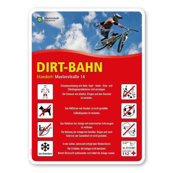 Spielplatzschild - Dirt-Bahn mit 8 frei zu wählenden Piktogrammen (hoch) – Schilderserie SP-02