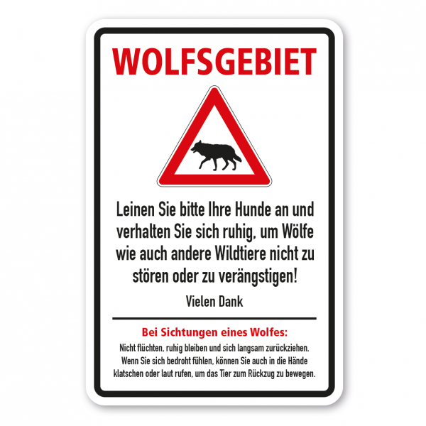 Warnschild Wolfsgebiet mit Verhaltenshinweisen und Erklärungen - mit Wolf-Verkehrszeichen - Kombi