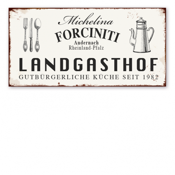 Retro Farmhouse-Schild Landgasthof - Gutbürgerliche Küche - mit Ihrem Namen, Standort und Jahresangabe