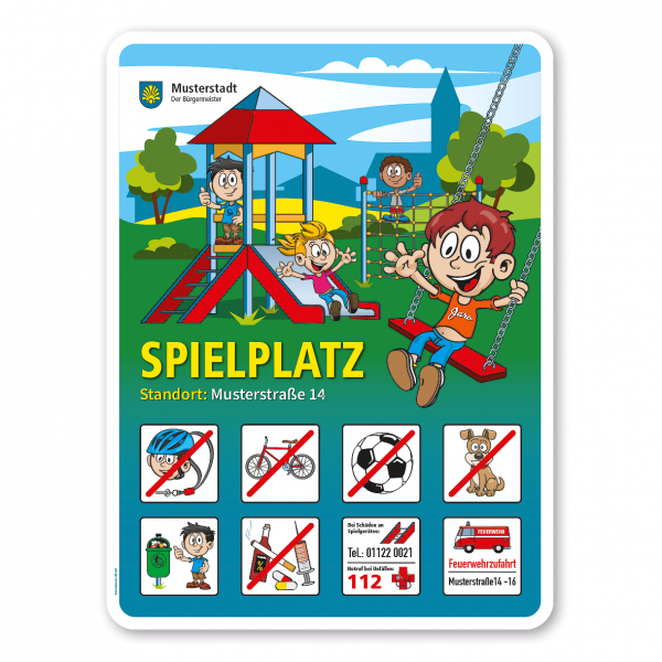 Spielplatzschild Spielplatz – Standardschild mit 8 frei zu wählenden Piktogrammen – Schilderserie SP-01