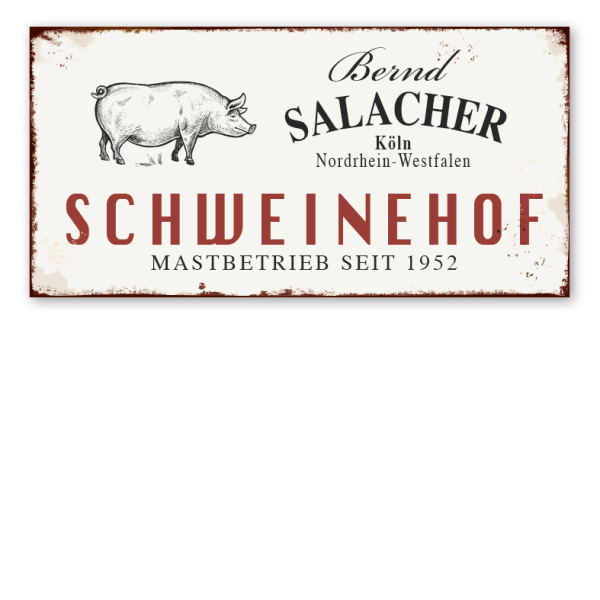 Retro Farmhouse-Schild Schweinehof - mit Ihrem Namen, Standort und Jahresangabe