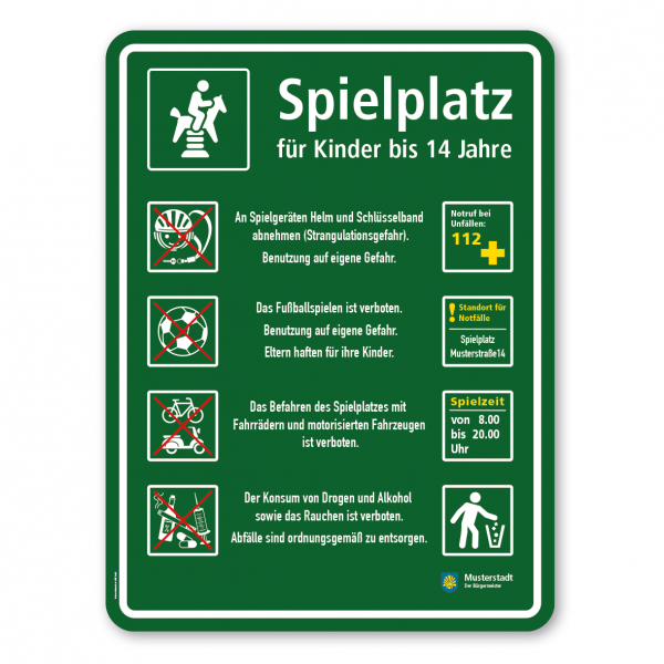 Spielplatzschild - Spielplatz für Kinder bis 14 Jahre - mit Federwippe - mit Zusatztexten und 8 frei zu wählenden Piktogrammen – Schilderserie SP-03