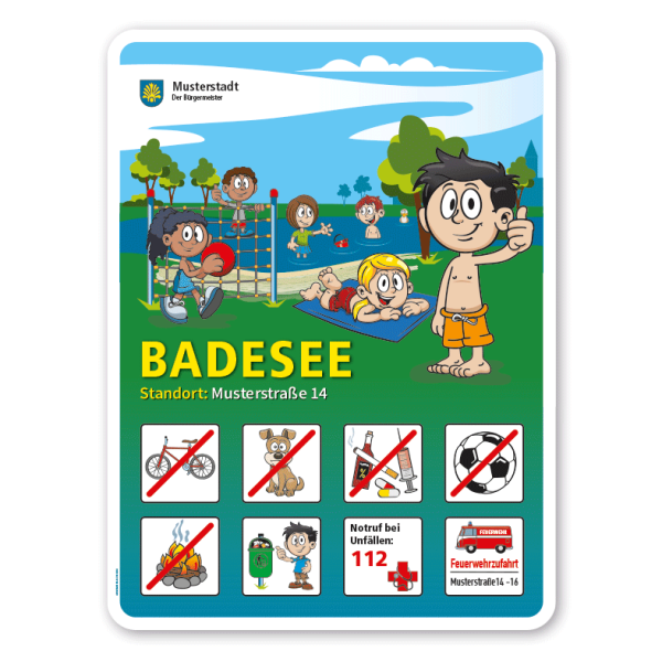 Spielplatzschild Badesee - Klettergerüst - mit 8 frei zu wählenden Piktogrammen – Schilderserie SP-01