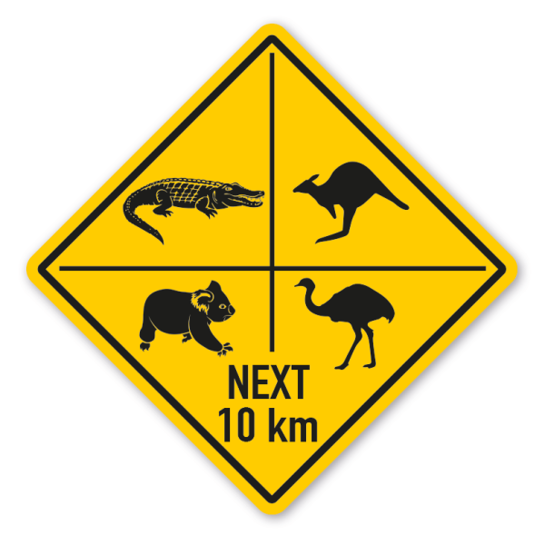 Australisches Warnschild / Verkehrsschild Achtung Crocodile - Kangaroo - Koala - Emu next 10 km