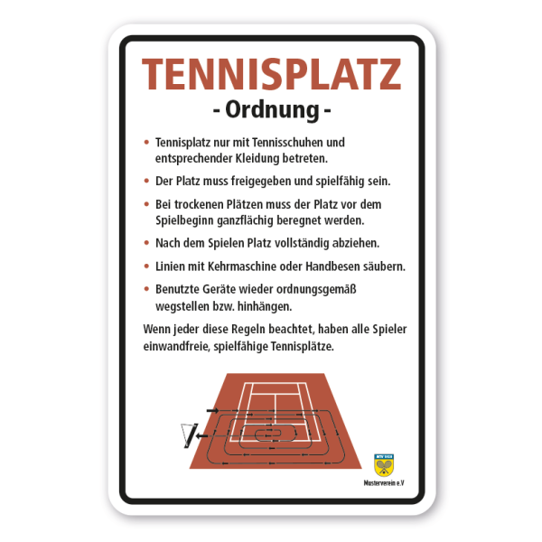 Vereinsschild Tennis - Tennisplatzordnung in 3 Farbvarianten