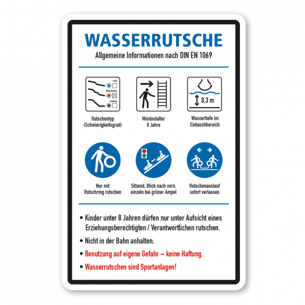 Schild für Wasserrutschen mit Rutschring - Allgemeine Informationen zur Nutzung nach DIN EN 1069-2:2017