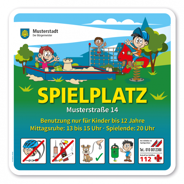 Spielplatzschild Spielplatz mit Federwippe - mit 5 frei zu wählenden Piktogrammen - 600 x 600 mm – Schilderserie SP-01