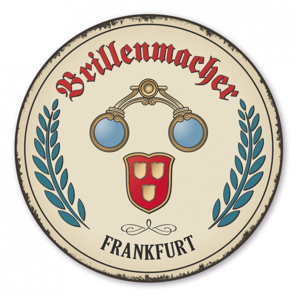 Maibaumschild / Festschild mit Zunftwappen Brillenmacher - Optiker - mit Zunftnamen und Ihrem Ortsnamen oder Wunschtext - Rundes Wappen - Retro